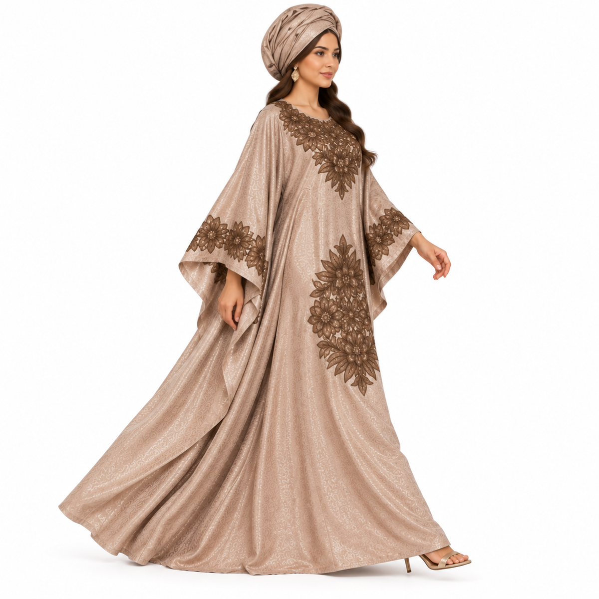 Shimmering Taupe Floral Embroidered Luxury Kaftan-2