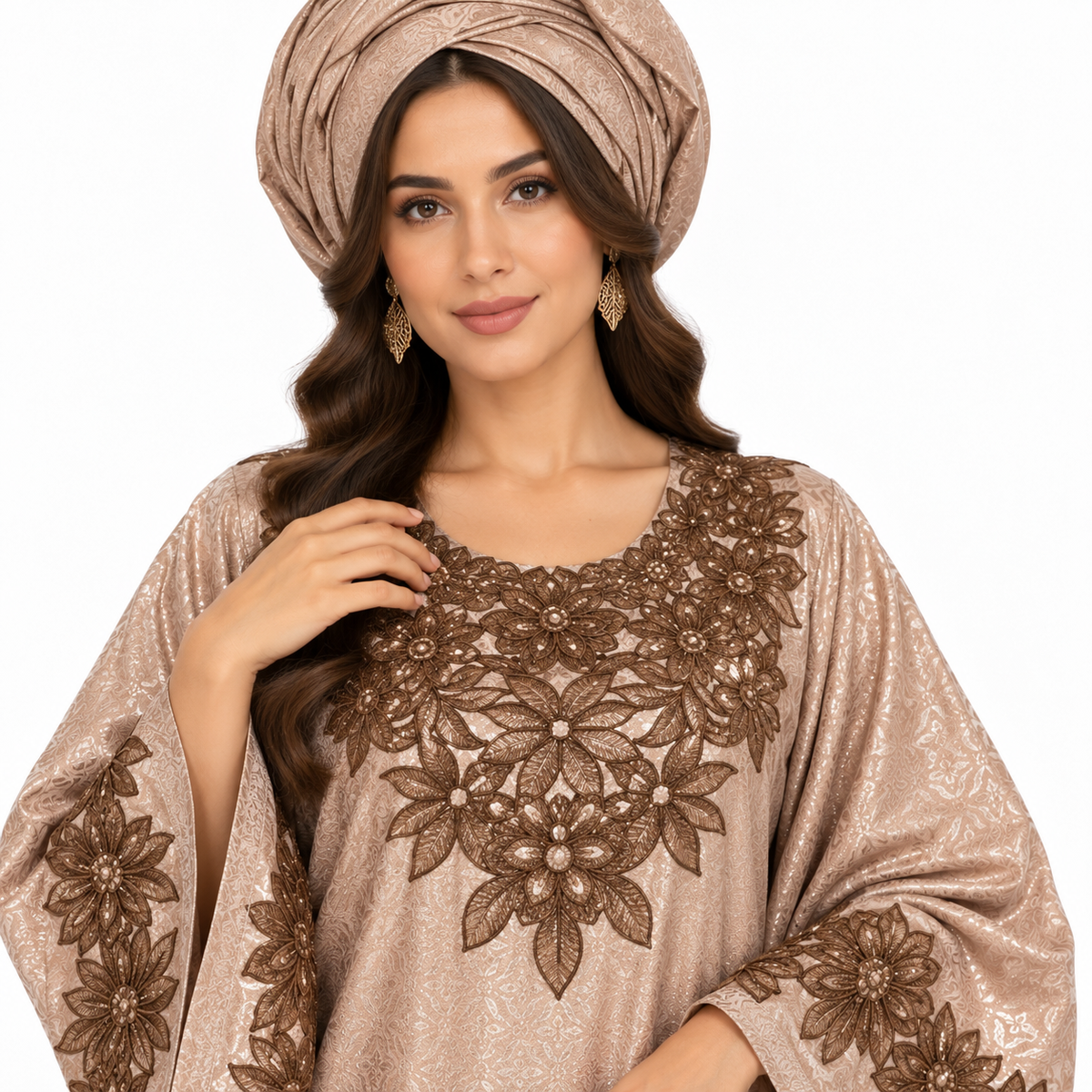 Shimmering Taupe Floral Embroidered Luxury Kaftan-3