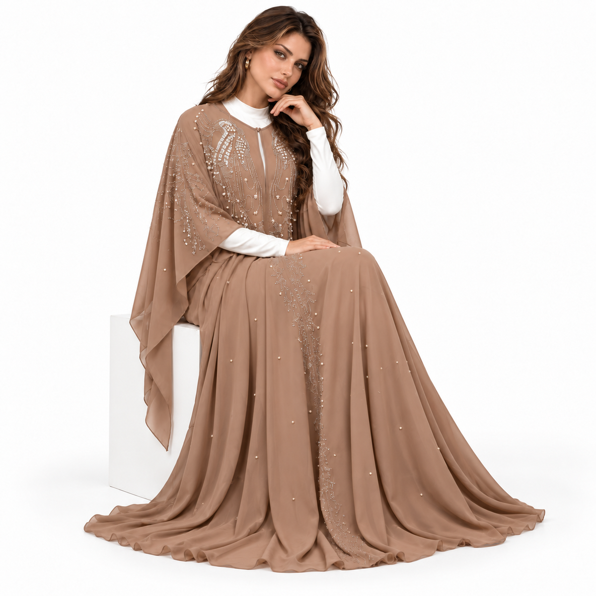 Elegant Brown Embellished Flowing Kaftan Dress-3