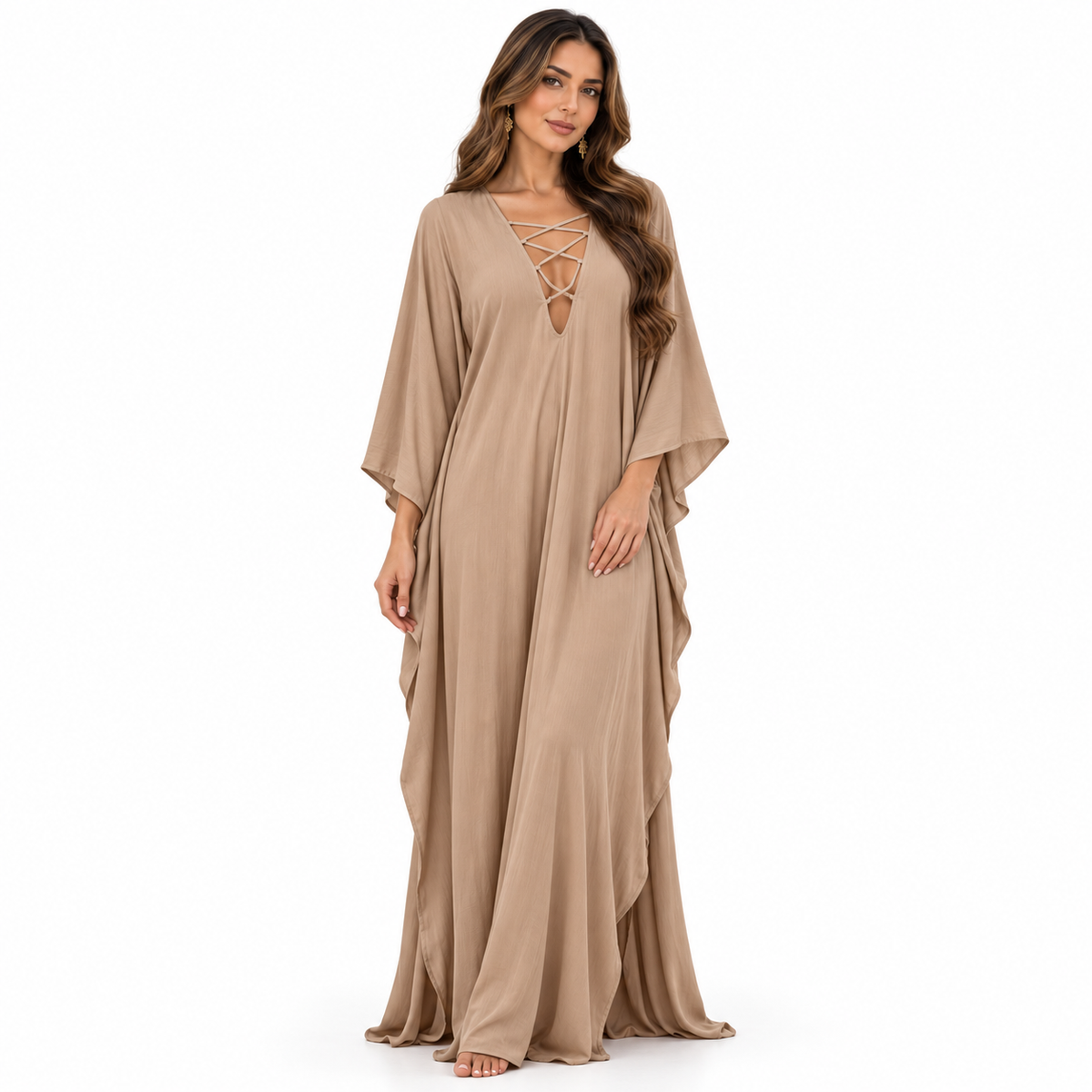 Taupe Lace-Up Flowing Kaftan Maxi Dress-1