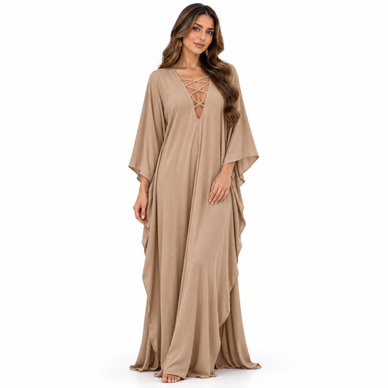 Taupe Lace-Up Flowing Kaftan Maxi Dress-1
