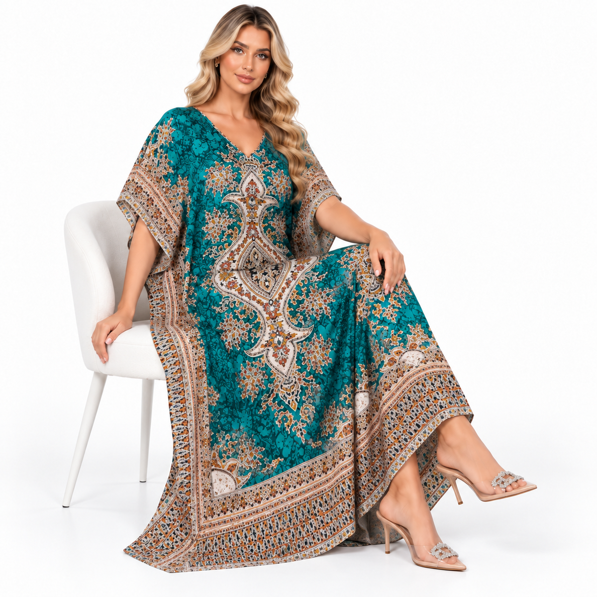 Green Ornate Paisley Print Modern Kaftan-2