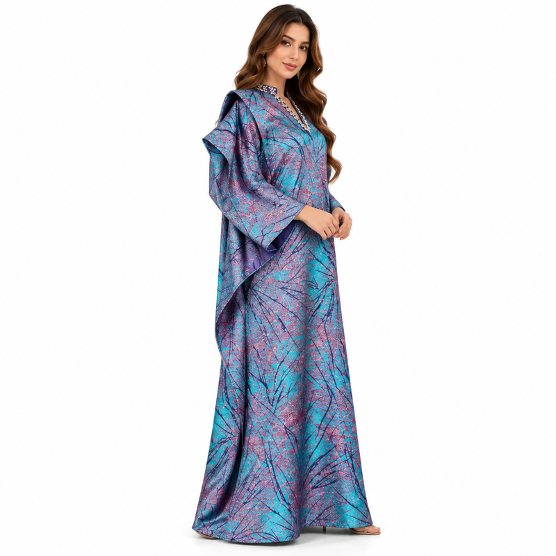 Turquoise Purple Printed Luxury Kaftan Dress-3