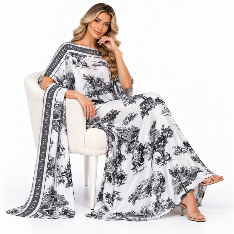Elegant Monochrome Landscape Printed Modern Kaftan-3