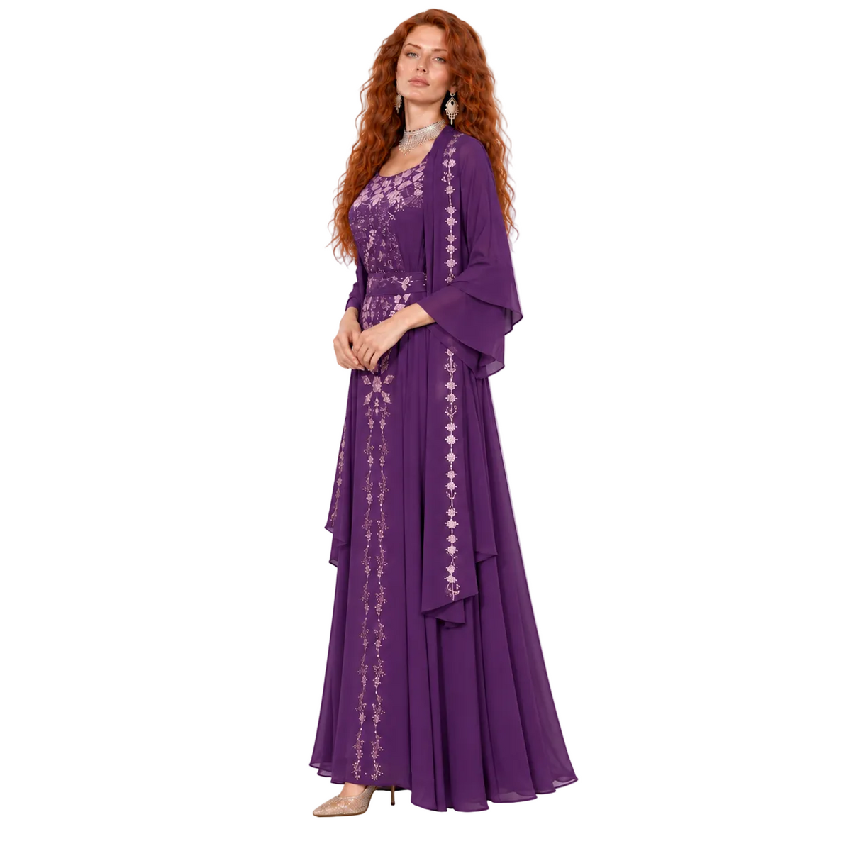 Elegant Purple Floral Embroidered Kaftan Lebaran-3