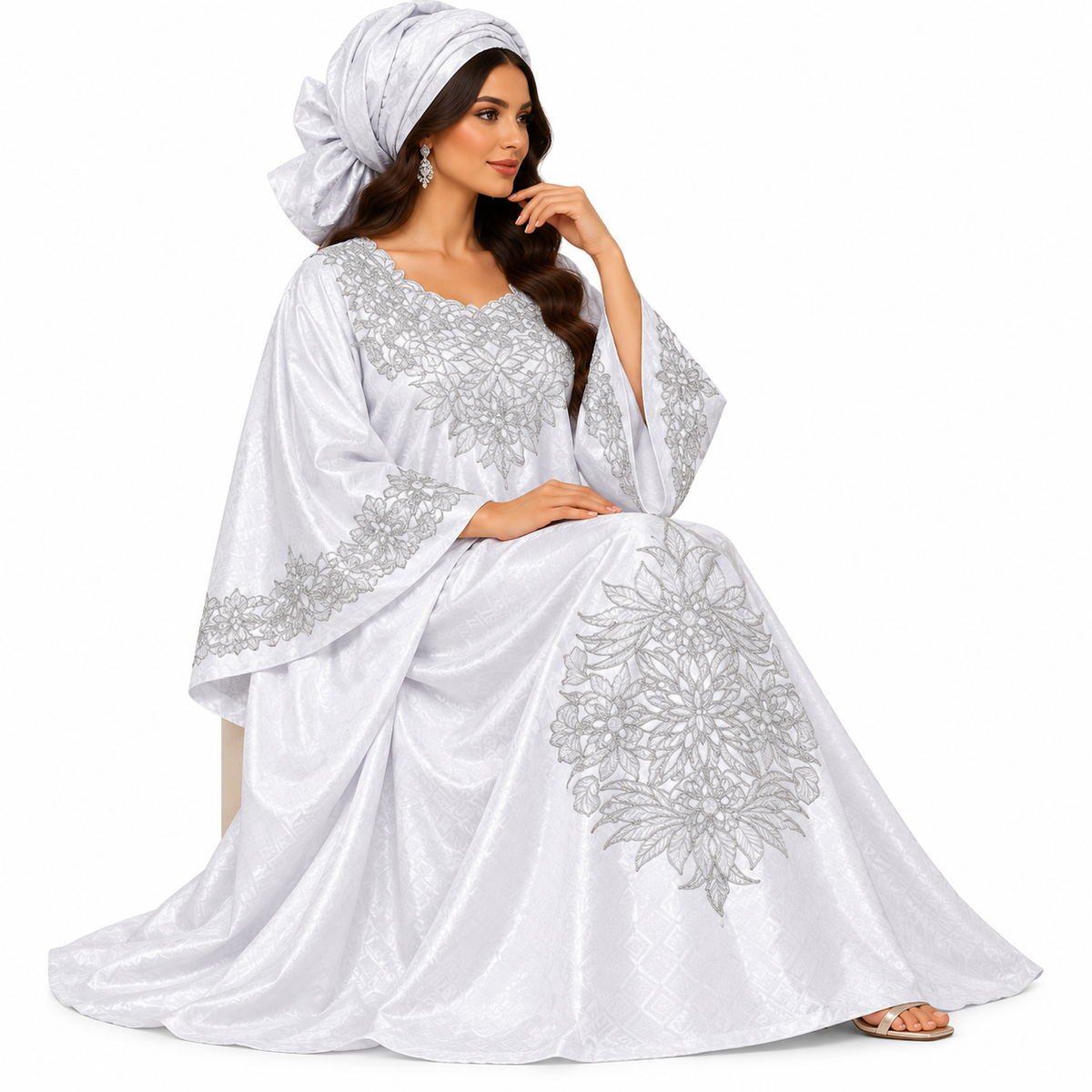 White Silver Embroidered Luxury Kaftan-4