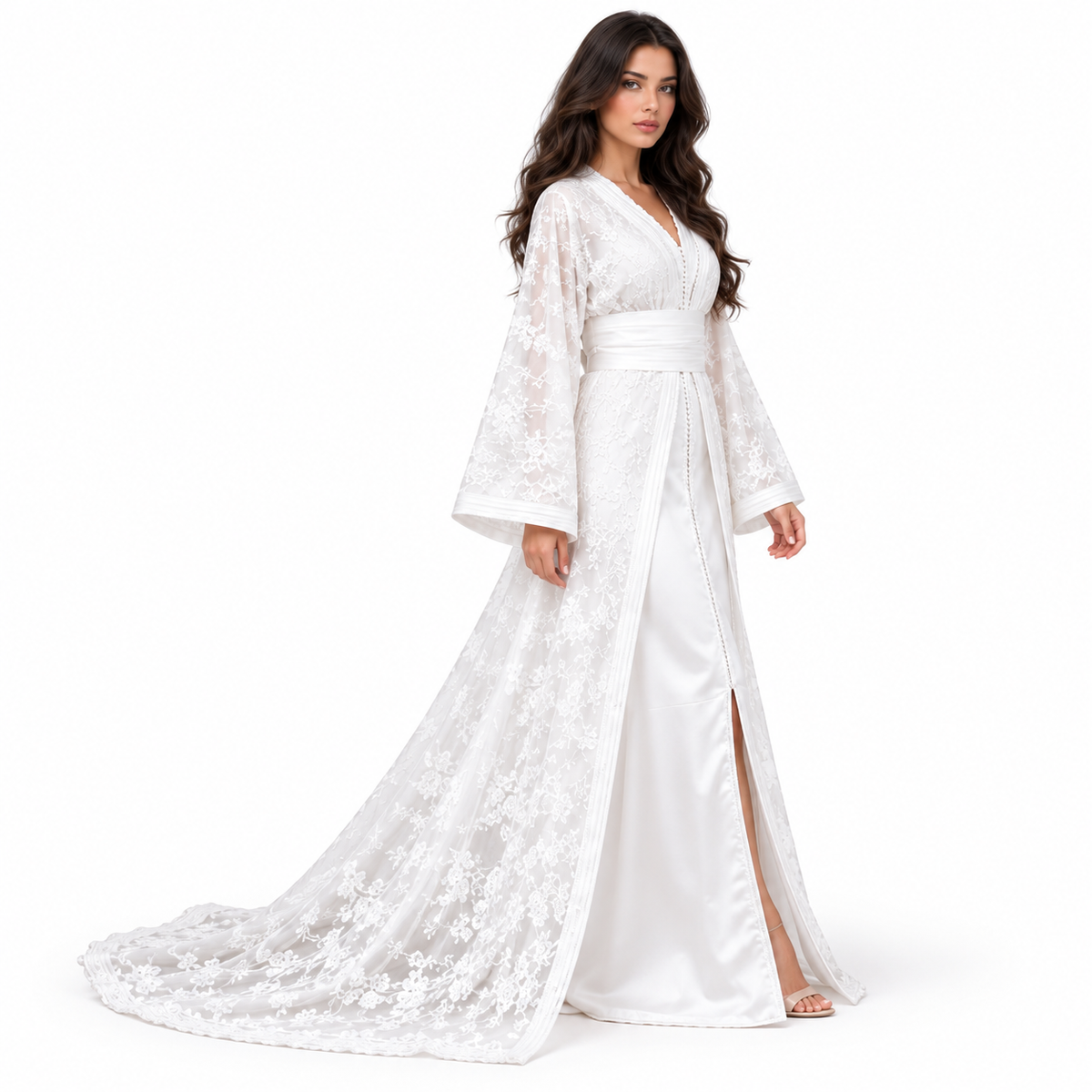 White Kaftan With Elegant Floral Embroidery-2