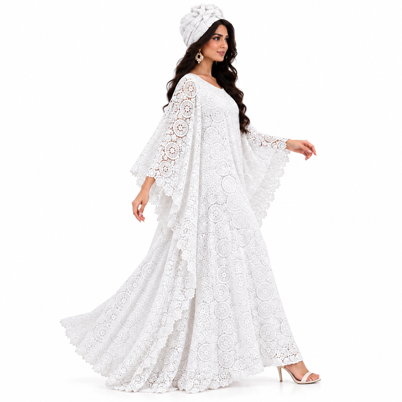 White Lace Flowing Kaftan Dress-3