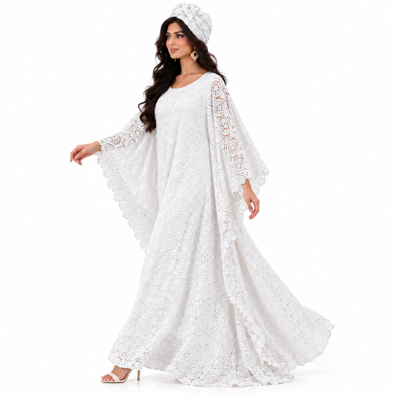 White Lace Flowing Kaftan Dress-2