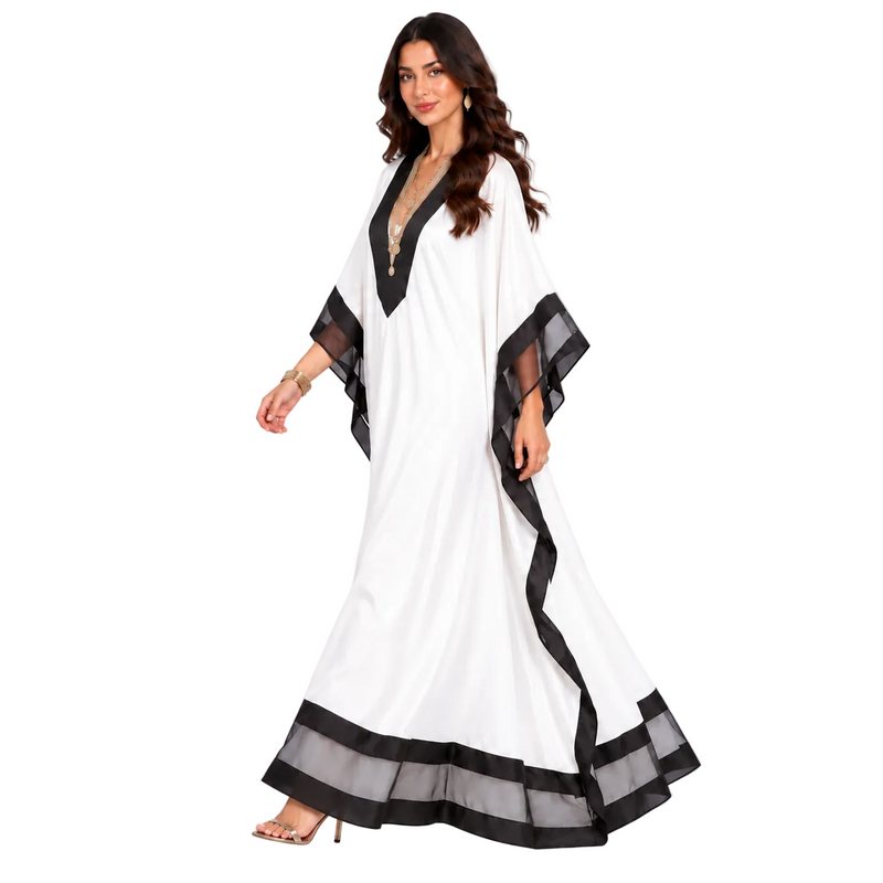 Elegant White Black Trim Batwing Kaftan-3