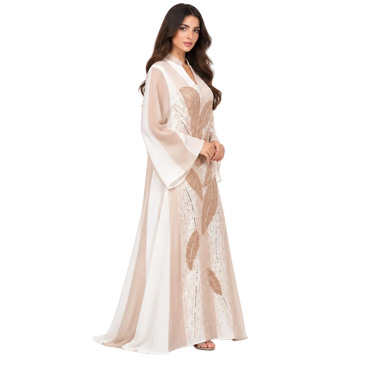 Elegant Gold Leaf Embroidered White Kaftan-3