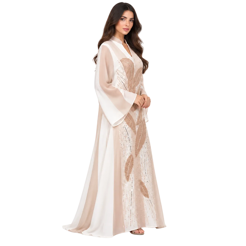 Elegant Gold Leaf Embroidered White Kaftan-3