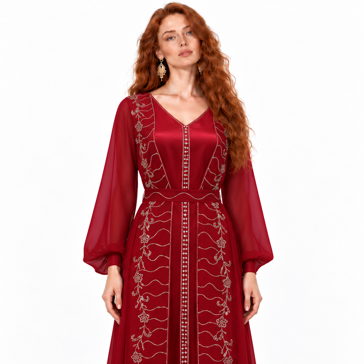 Elegant Burgundy Gold Embroidered Kaftan Lebaran-3