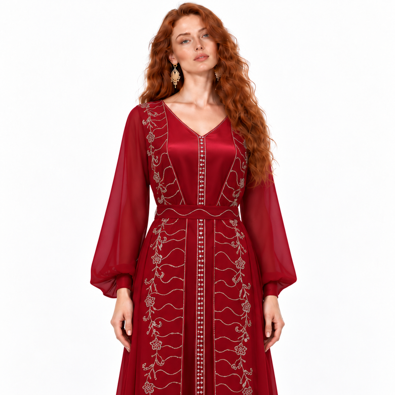 Elegant Burgundy Gold Embroidered Kaftan Lebaran-3