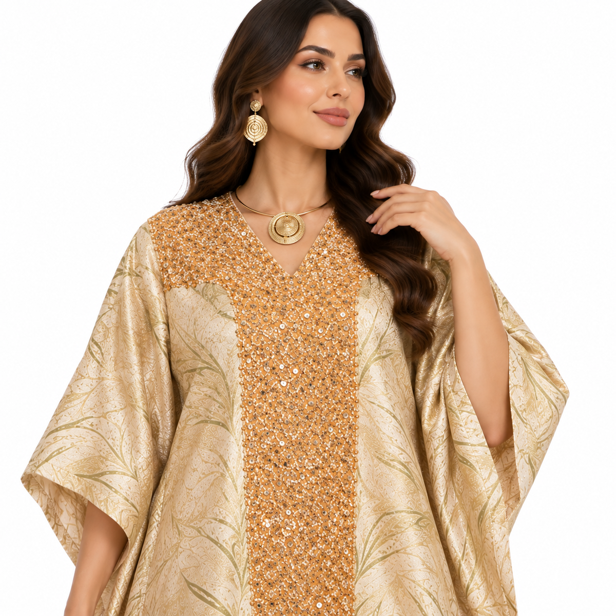 Champagne Gold Embellished Jacquard Luxury Kaftan-4