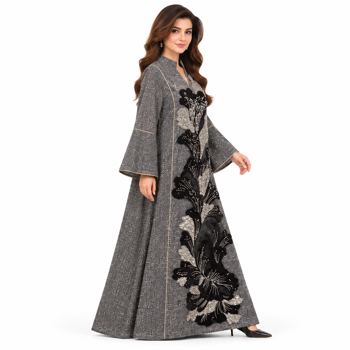 Elegant Black Floral Sequin Pakistani Kaftan-3