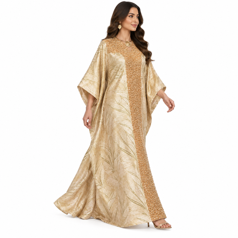 Champagne Gold Embellished Jacquard Luxury Kaftan-3