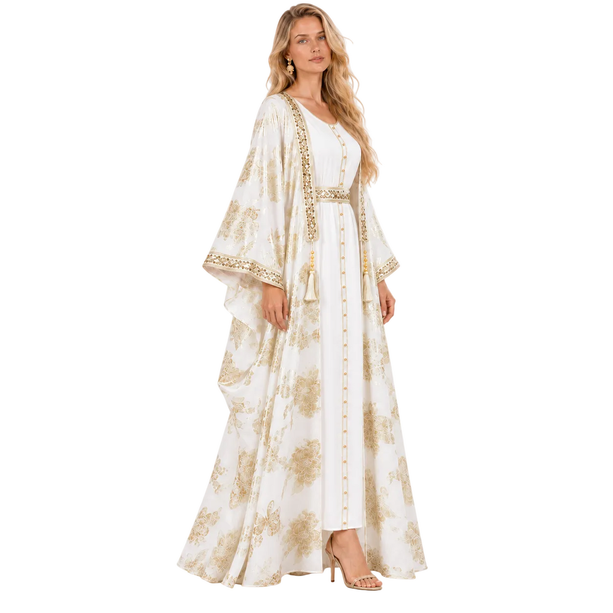 White Gold Floral Luxury Butterfly Kaftan-3