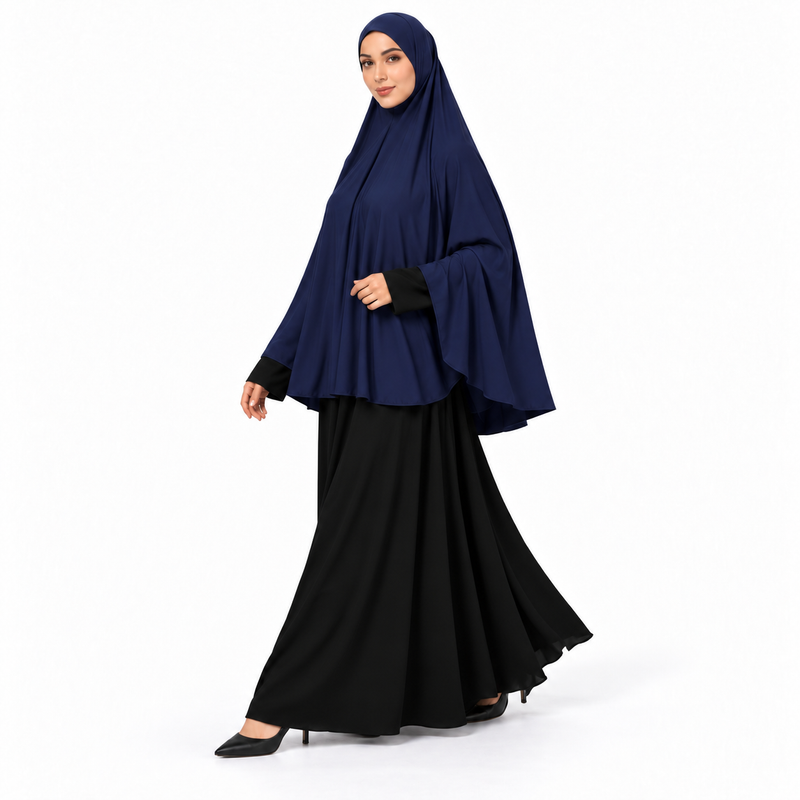 Elegant Navy Blue Women's Flowing Khimar-3