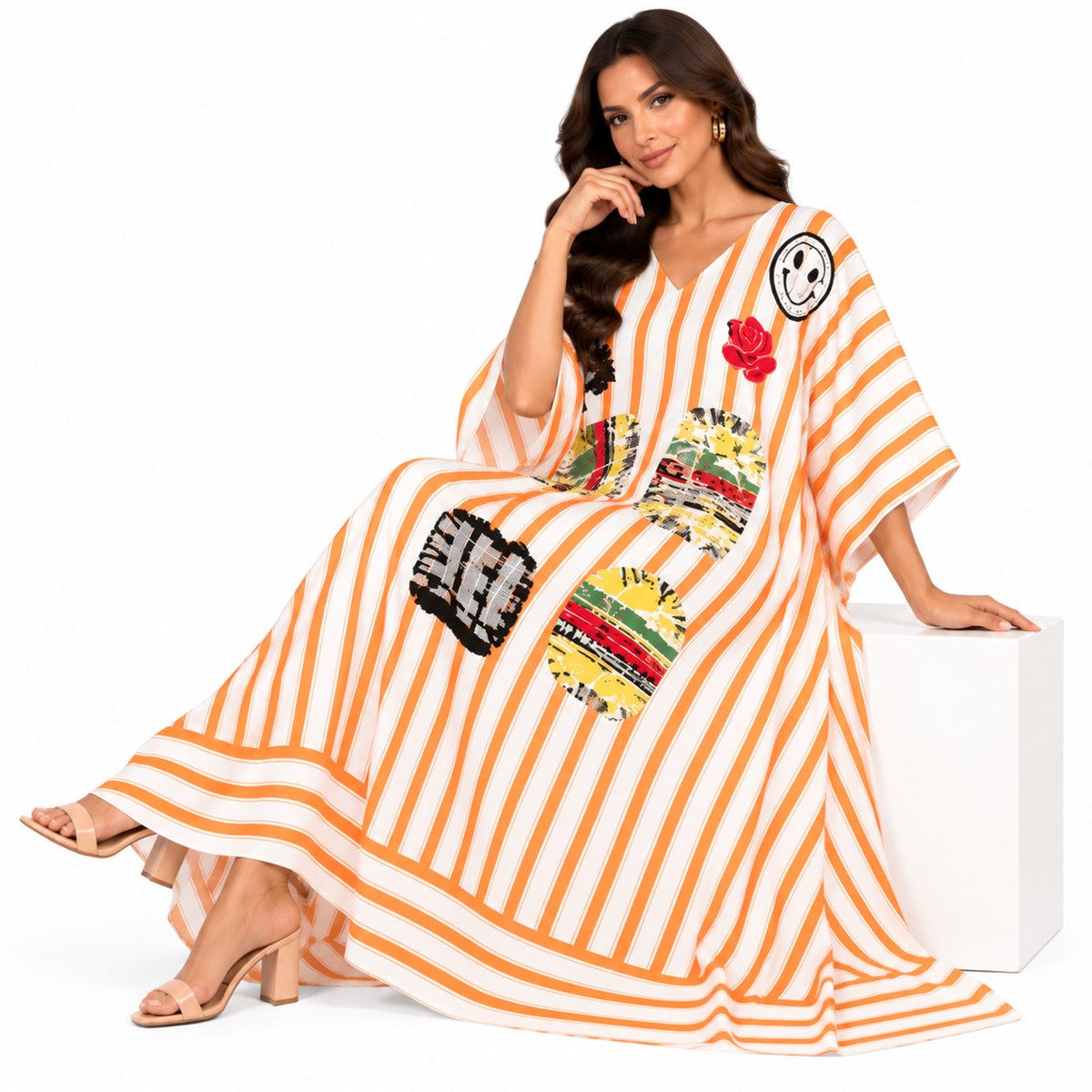 Orange White Striped Artistic Women’s Kaftan-2