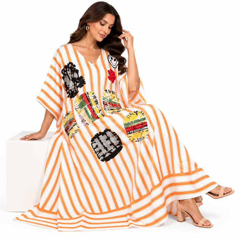 Orange White Striped Artistic Women’s Kaftan-3