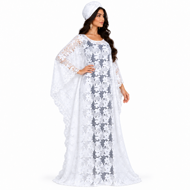 White Floral Lace Kaftan Dress-2