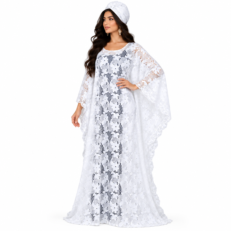 White Floral Lace Kaftan Dress-3