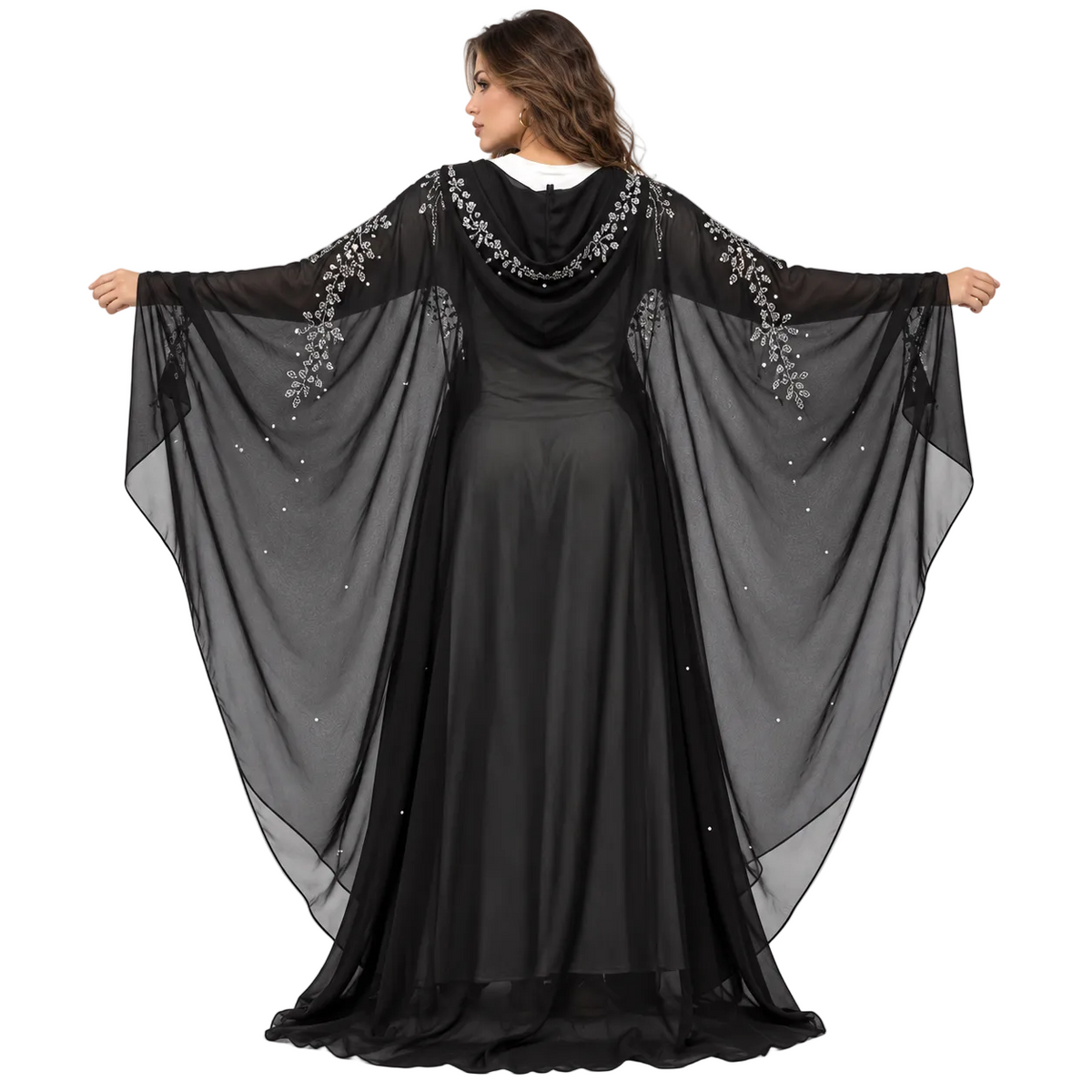 Black Embellished Chiffon Butterfly Sleeve Kaftan-4