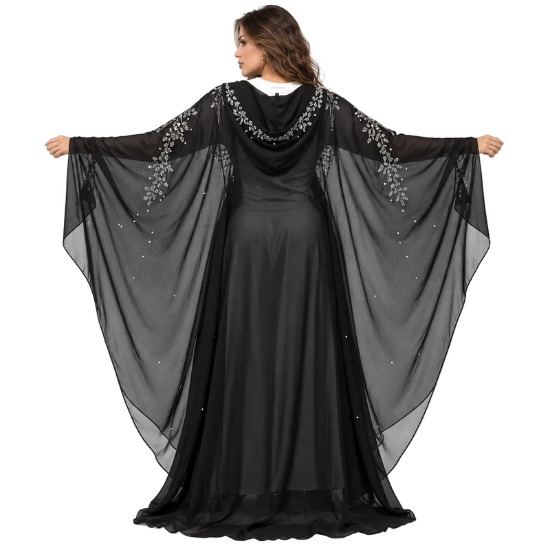 Black Embellished Chiffon Butterfly Sleeve Kaftan-4