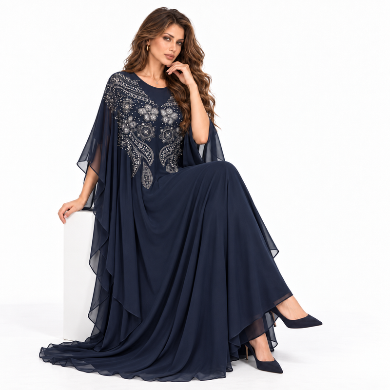 Black Embellished Flowing Chiffon Kaftan Dress-3