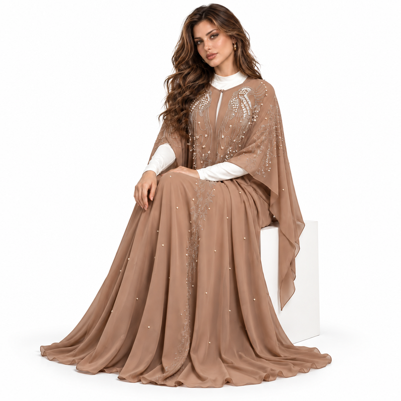 Elegant Brown Embellished Flowing Kaftan Dress-2