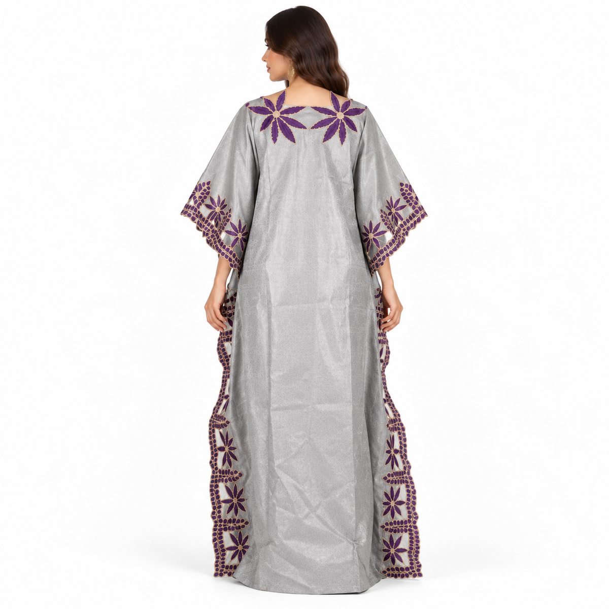 Silver Purple Floral Embroidered Kaftan Dress-4