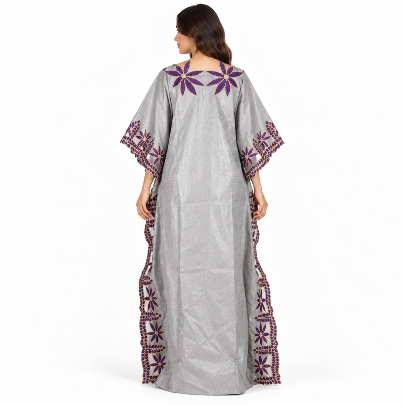 Silver Purple Floral Embroidered Kaftan Dress-4
