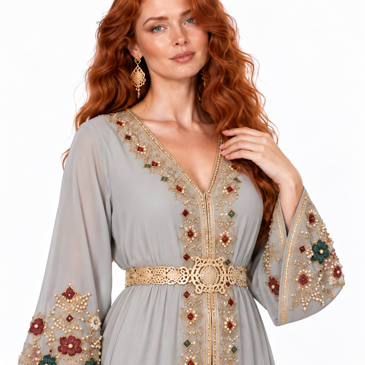 Silver Grey Embroidered Elegant Lebaran Kaftan-4