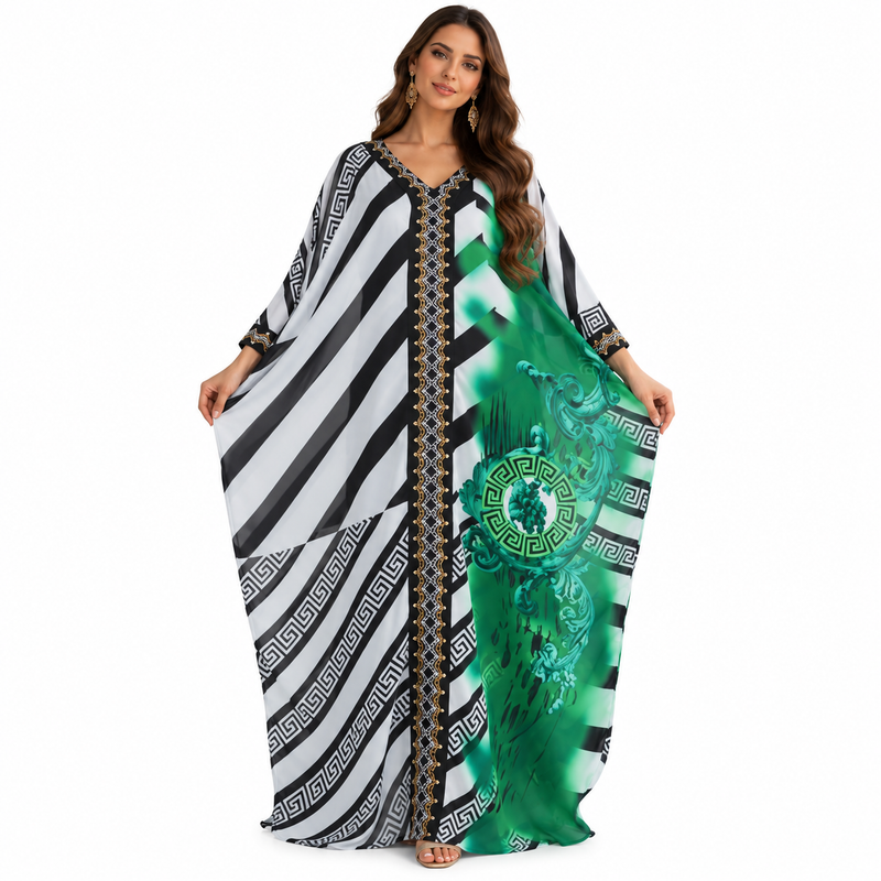 Emerald Geometric Printed Flowing Kaftan Dress-1