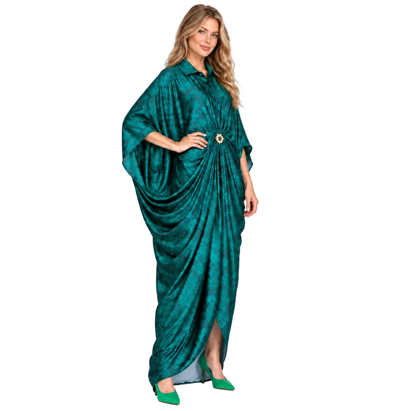 Emerald Green Draped Silk Satin Kaftan-3