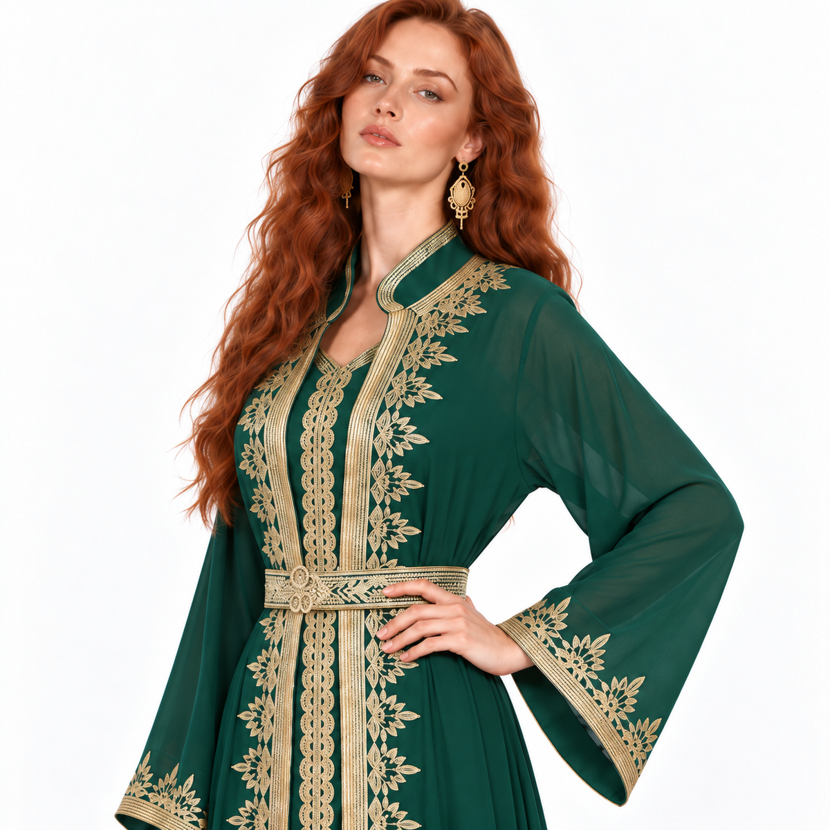 Emerald Green Gold embroidered Kaftan Lebaran-4