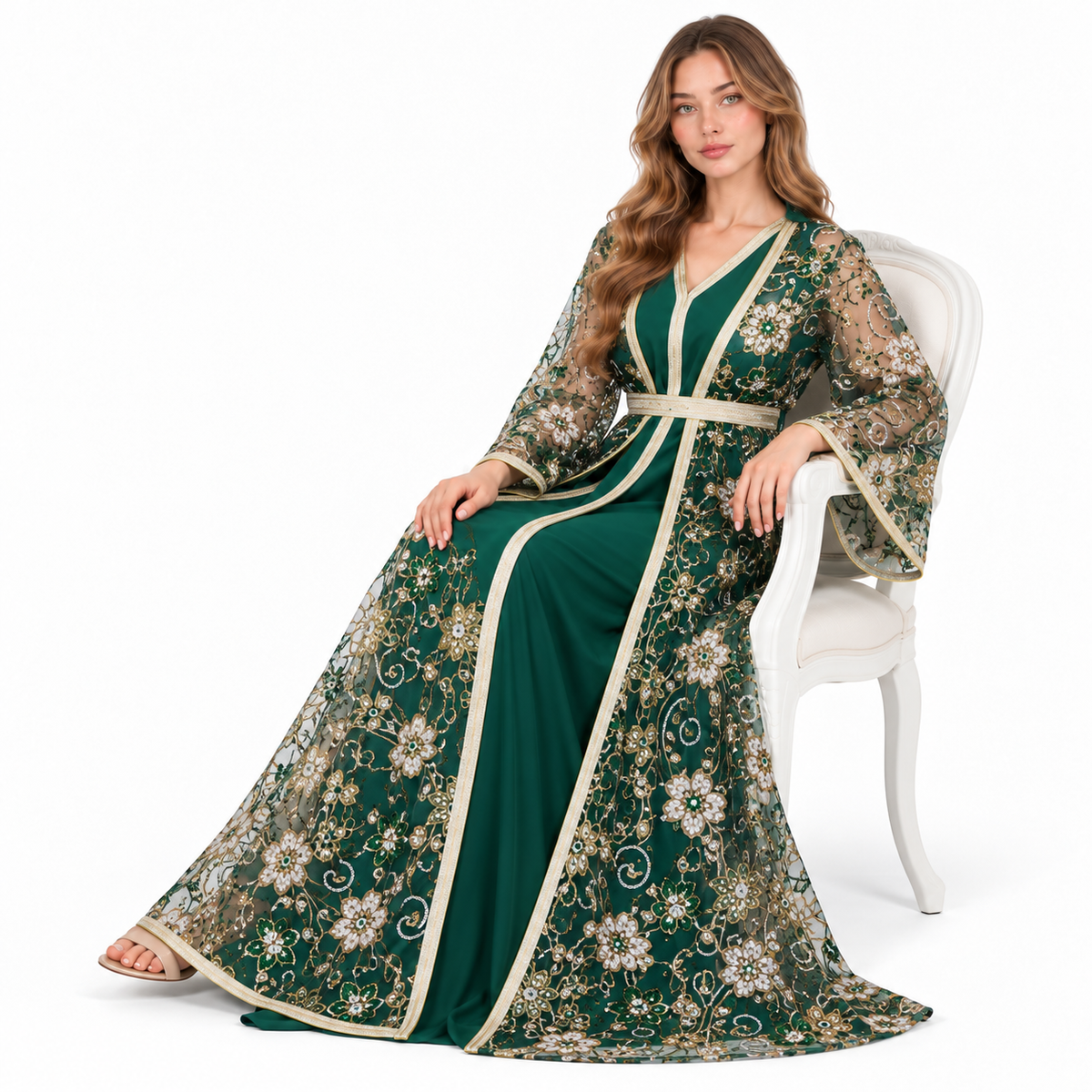 Elegant Emerald Green Floral Sequin Kaftan