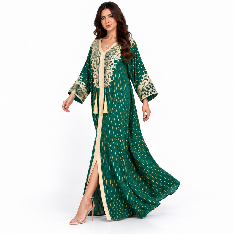 Emerald Green Gold Embroidered Moroccan Kaftan-2