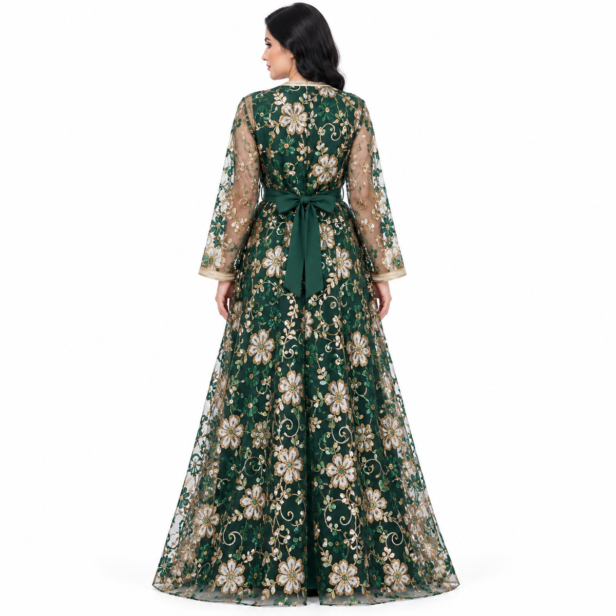 Elegant Emerald Green Floral Sequin Kaftan-4