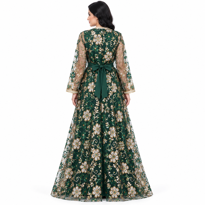 Elegant Emerald Green Floral Sequin Kaftan-4