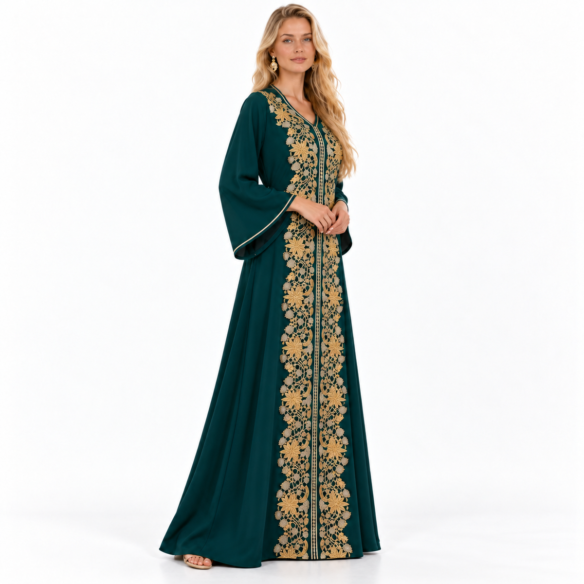 Elegant Emerald Green Gold Embroidered Kaftan-3