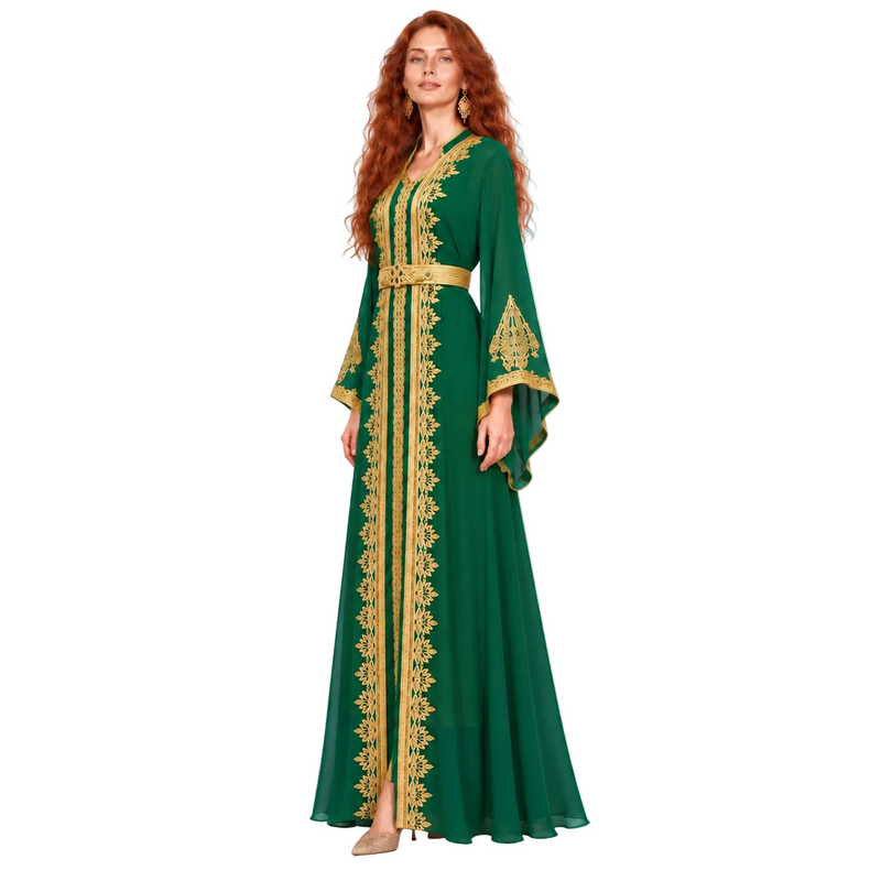 Elegant Green Gold Embroidered Lebaran Kaftan-3