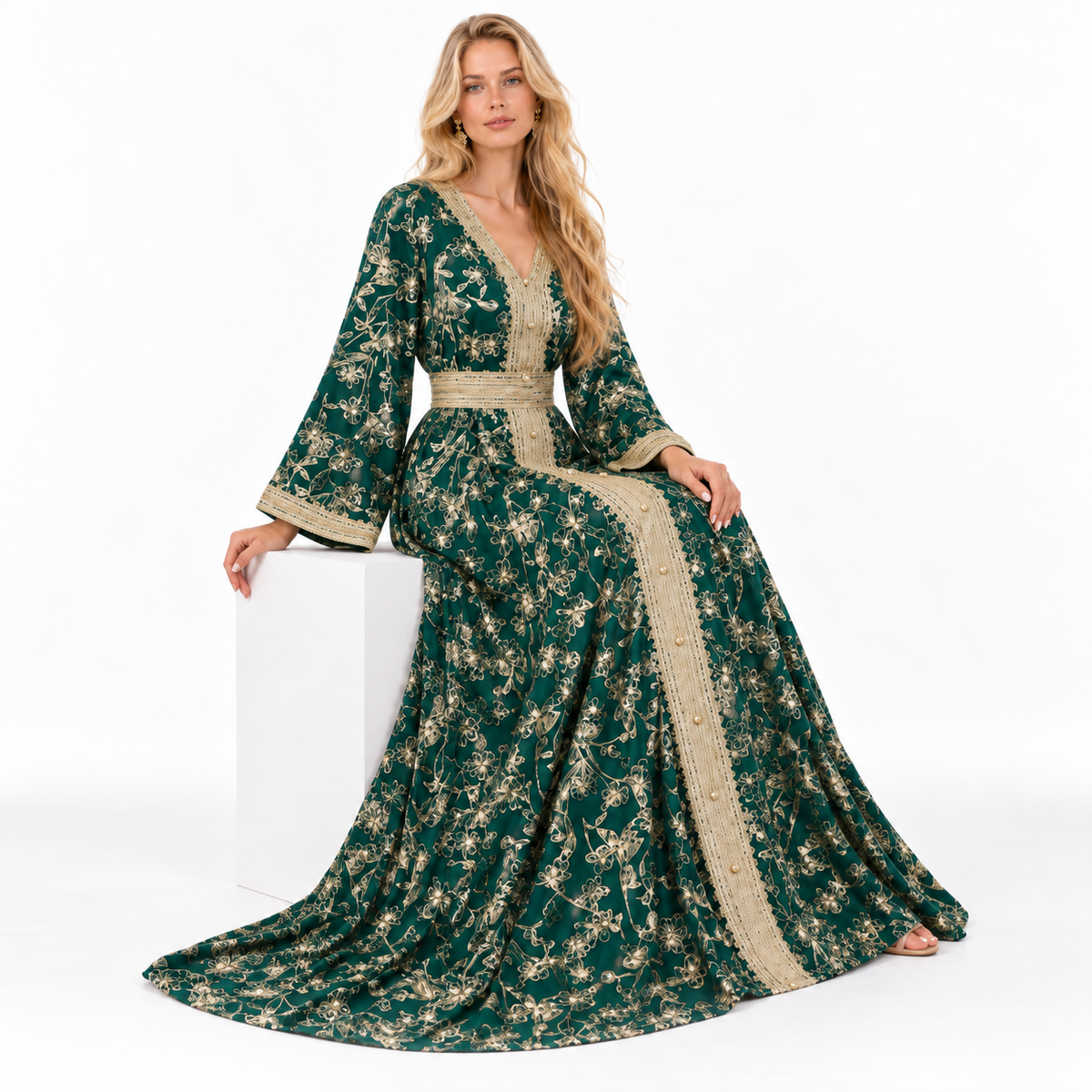 Emerald Green Gold Embroidered Moroccan Kaftan-2