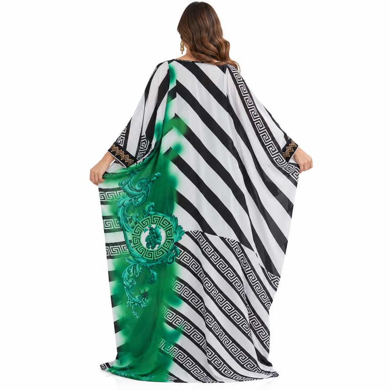 Emerald Geometric Printed Flowing Kaftan Dress-4