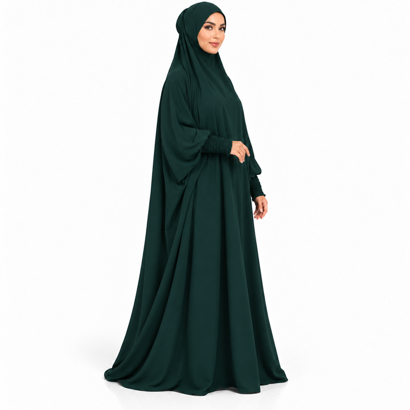 Elegant Dark Green Jilbab With Ruched Sleeves-2
