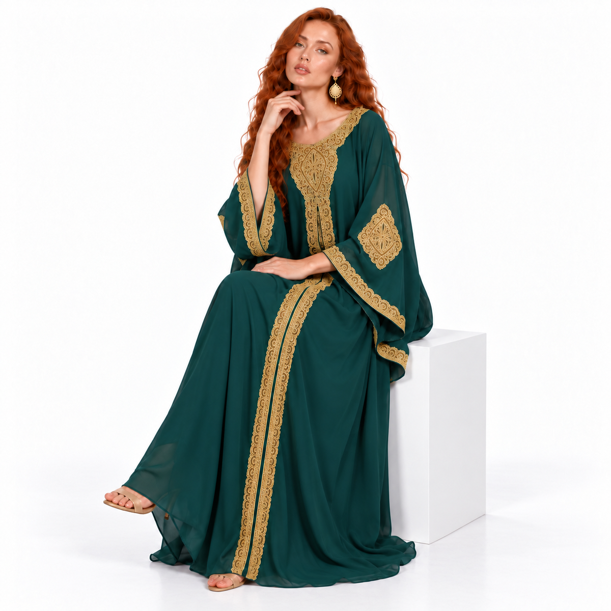 Emerald Green Gold Embroidered Lebaran Kaftan-3