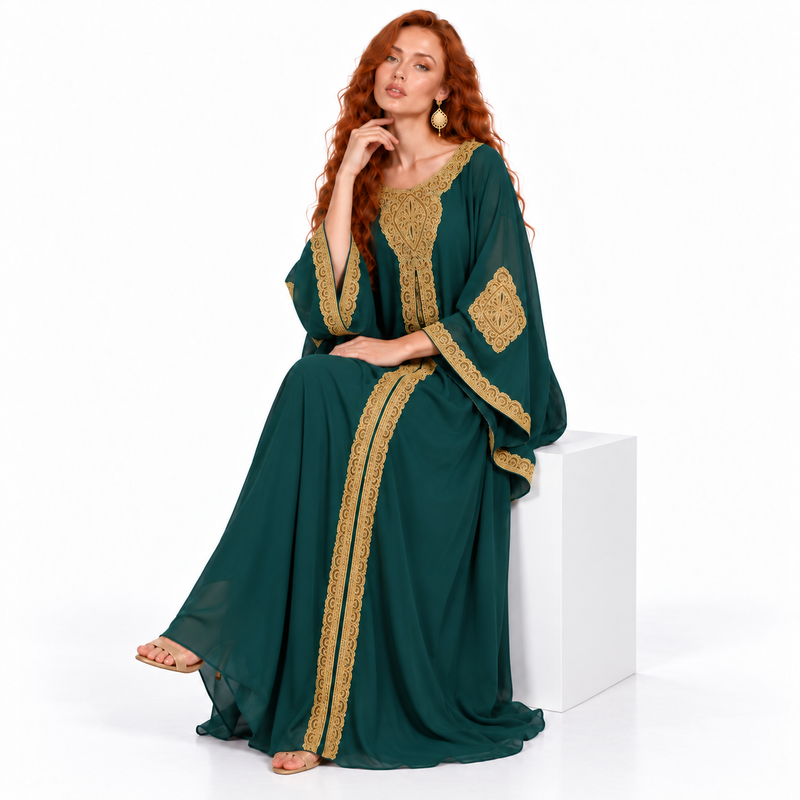 Emerald Green Gold Embroidered Lebaran Kaftan-3