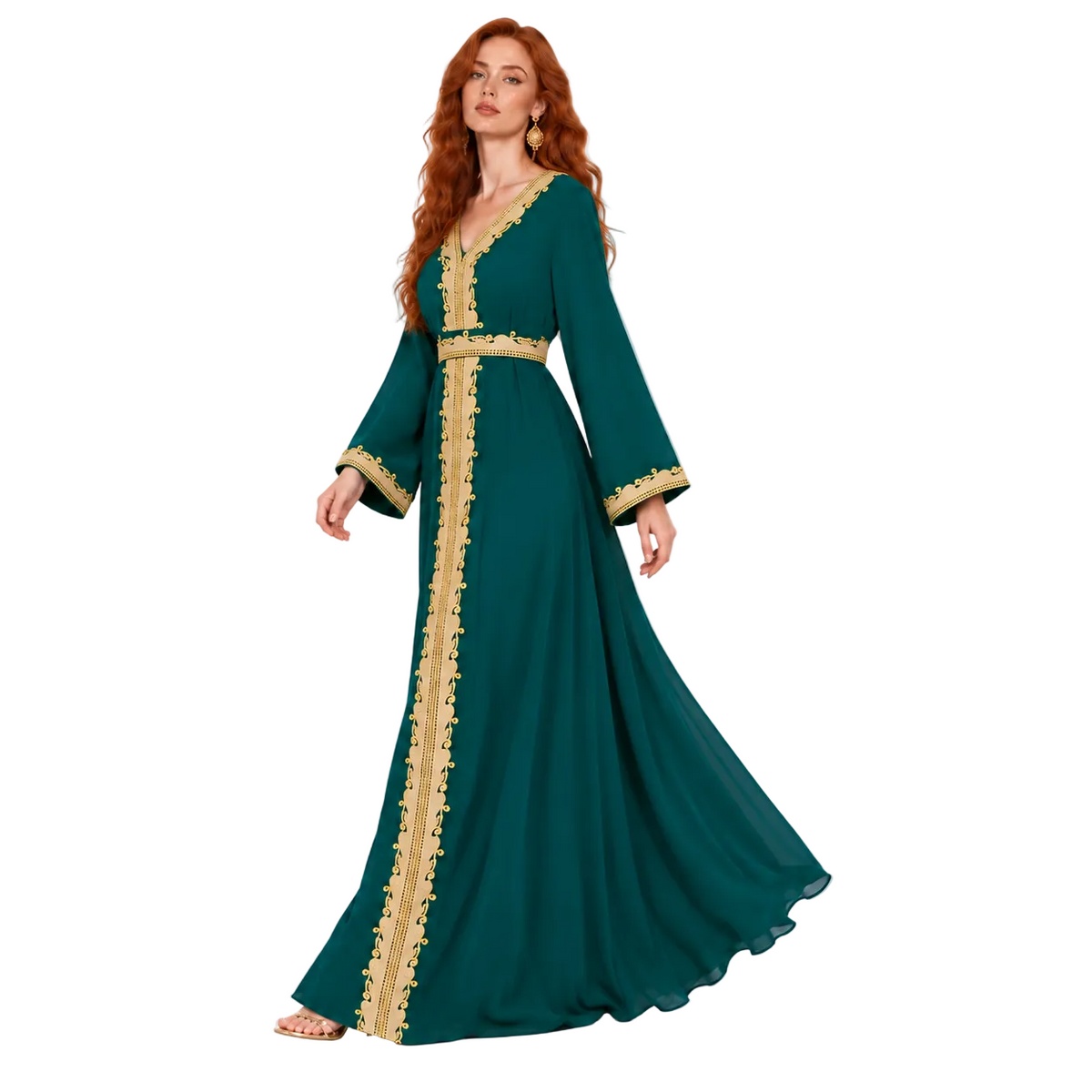 Emerald Green Gold Embroidered Lebaran Kaftan