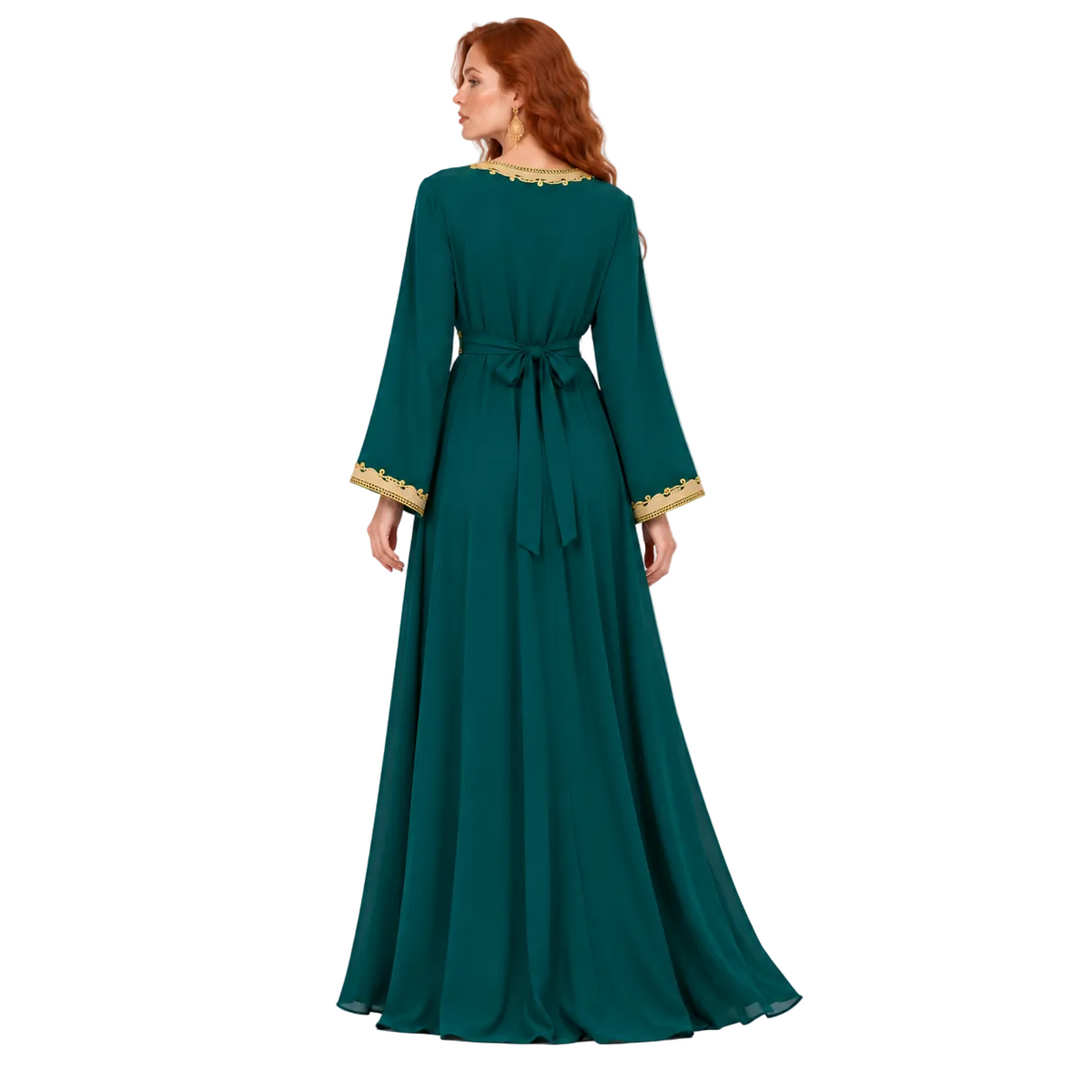 Emerald Green Gold Embroidered Lebaran Kaftan-4